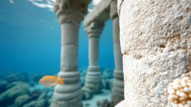 Vibrant fish exploring underwater ruins with majestic pillars in blue ocean depths