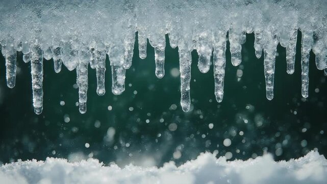 Close-up view of sharp icicles hanging with a dark green background and snow below.