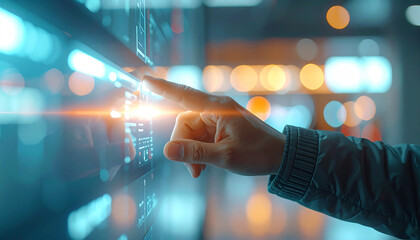 Digital Interface: A hand interacting with an advanced touch screen, the focus on innovation, technology, and futuristic concepts, the interface gleaming with data and information.