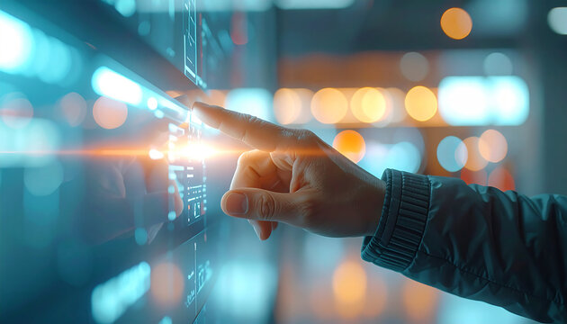 Digital Interface: A hand interacting with an advanced touch screen, the focus on innovation, technology, and futuristic concepts, the interface gleaming with data and information. - Powered by Adobe