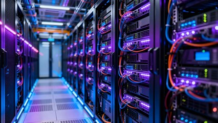 Server room with illuminated racks