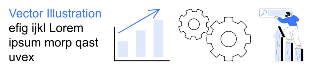 Business growth, data analysis, teamwork, optimization, workflow, decision-making. Bar chart with arrow, gears and person climbing on data bars. Business growth and data analysis concept