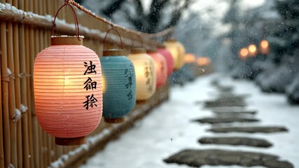Snowfalling lanterns illuminate tranquil pathway in serene winter setting