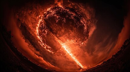 Dramatic fiery explosion in a cloudy, dark sky with bright, intense orange/red colors