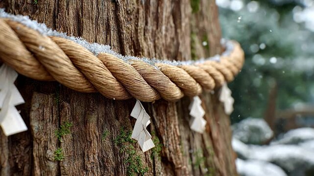 Snowflakes grace nature: closeup of sacred rope and tree in winter serenity