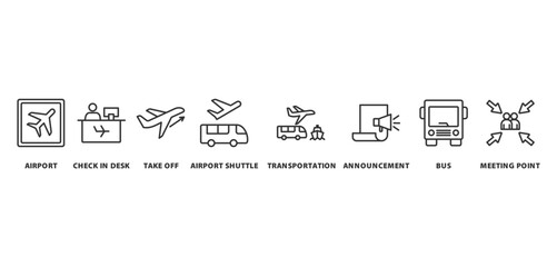 airport hotel banner icon concept with icon of airport, check in desk, take off,  airport shuttle, transportation, 
announcement, bus, and meeting point,
