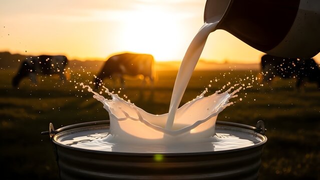Fresh milk pouring into a bucket with a splash on a farm at sunset with cows in the background.