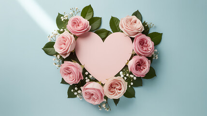 Heart-shaped pink note nestled within a wreath of pink roses and greenery on a soft blue surface, symbolizing love, affection, and romantic greetings.