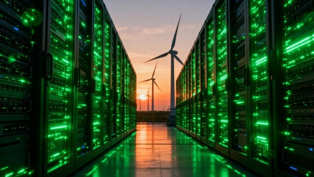 Data center server racks with wind turbines - Powered by Adobe