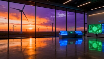 Control room with wind turbines at sunset