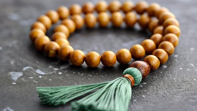 Wooden beads with green tassel arranged in artistic circular pattern on concrete surface