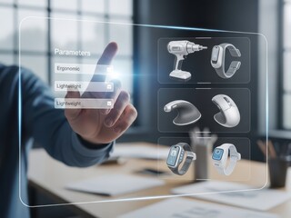 Generative AI in product design with a hand inputting parameters like ergonomic and lightweight to generate multiple 3D prototype options