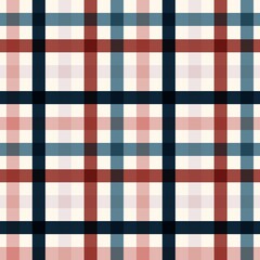 Classic plaid fabric pattern in navy, red, and cream with balanced crisscrossed lines, ideal for seamless fashion and cozy textile designs. 