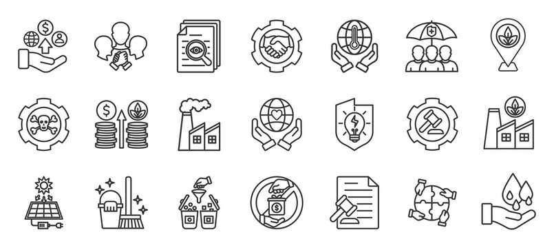 Environmental Social Governance (ESG) outline icon set. Contain sustainability strategy, employee & stakeholder commitment, transparancy, global warming, health insurance.