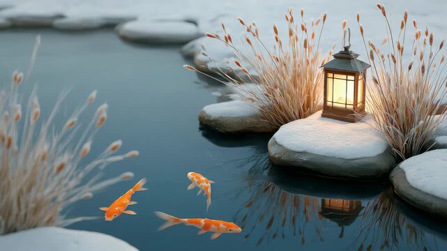 Serene snowcovered pond with glowing lantern and graceful koi fish
