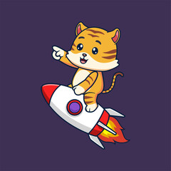 Cute Cartoon Tiger Riding Rocket Illustration