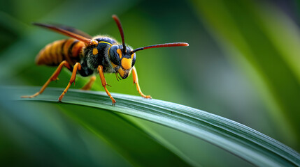 Yellow Black Wasp Standing on Leaf