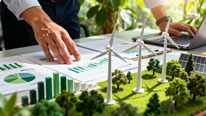 Person analyzing charts with wind turbines and solar panels