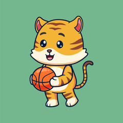 Cute Cartoon Tiger Playing Basketball Illustration