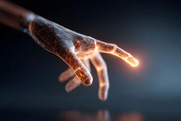 Obraz premium Digital hand reaching out with glowing particles in a dark background at night