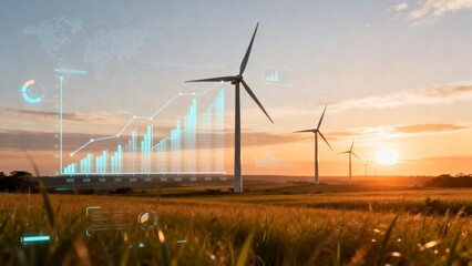 Wind turbines field with energy data overlay