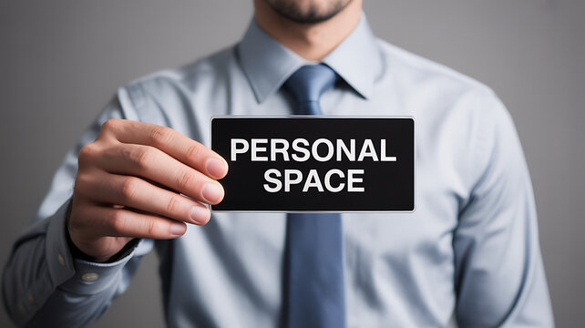 Businessman in a shirt and tie holding a black card with the words PERSONAL SPACE, symbolizing social boundaries, privacy, and personal limits.