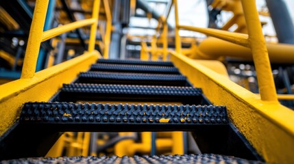 Yellow industrial steps lead upward through a network of pipes and machinery