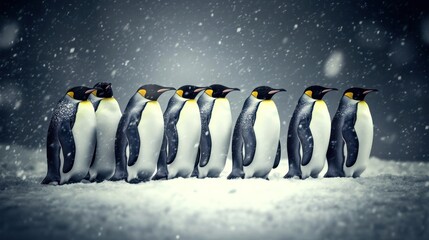 A row of emperor penguins in the snow