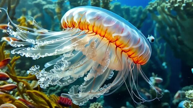 mesmerizing jellyfish gracefully floating amidst a kaleidoscope of underwater life, a tranquil marine environment, serene beauty beneath the surface
