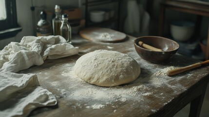Kneaded dough on rustic table, flour, and tools