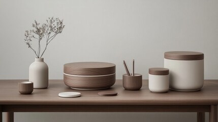 Wooden and ceramic containers on a wooden table, minimalist aesthetic