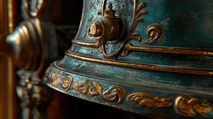 Close-up of ornate, aged, teal-colored metal bell, with golden trim and intricate detail