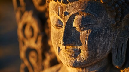 Close-up of a weathered stone Buddha statue, bathed in warm sunlight
