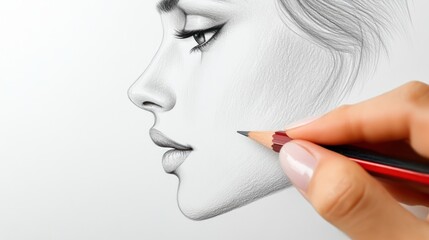 Close-up of a hand holding a pencil, meticulously drawing a woman's profile.  A detailed graphite sketch of the face and hair is visible on white paper