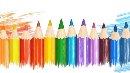 Row of colorful pencils against a backdrop of painted brush strokes