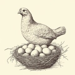 Hen with eggs in a nest, detailed line drawing