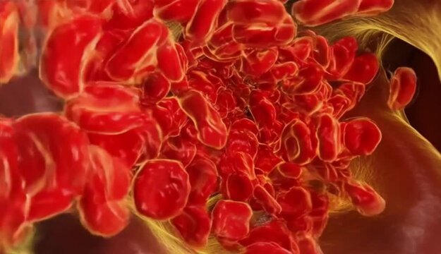 Animated blood clot formation inside a blood vessel with red blood cells flowing slowly