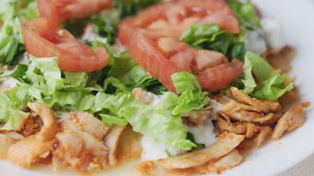 Close-Up of Chicken Kapsalon with Turkish Doner on White Plate