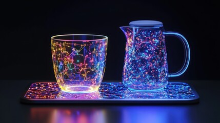 Two glowing, translucent glass cups and a pitcher on a reflective, illuminated tray.  Vibrant colors and intricate, glowing patterns