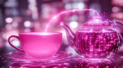 A vibrant pink teacup and glass teapot, glowing with a magical energy