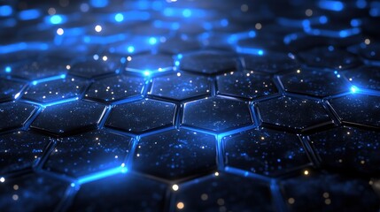 Abstract hexagonal grid, deep blue, glowing points