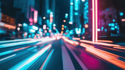 Blurry city street at night, vibrant neon lights, streaks of moving vehicles