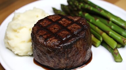 Grilled steak with mashed potatoes and asparagus on a white plate