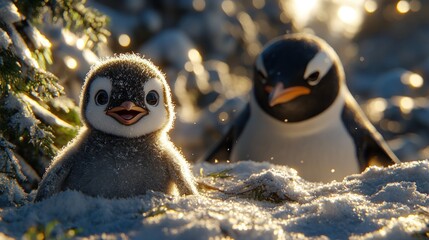 Two adorable baby and adult penguins in snowy landscape. Sunlight filters through trees