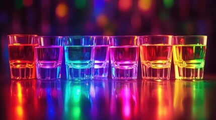 Colorful shot glasses illuminated by vibrant lights, reflecting on a dark surface
