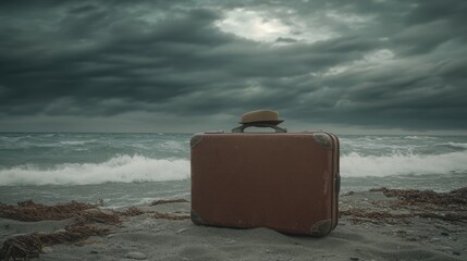 Vintage suitcase on a stormy beach