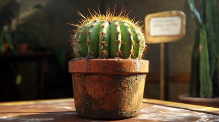 A small, spiky cactus in a weathered terracotta pot sits on a rustic table in a dimly lit room