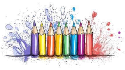 Colorful pencils surrounded by vibrant splashes of color