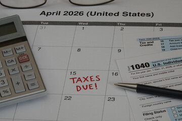 A 2026 calendar noting the April 15 USA Internal Revenue Service IRS income filing deadline for...