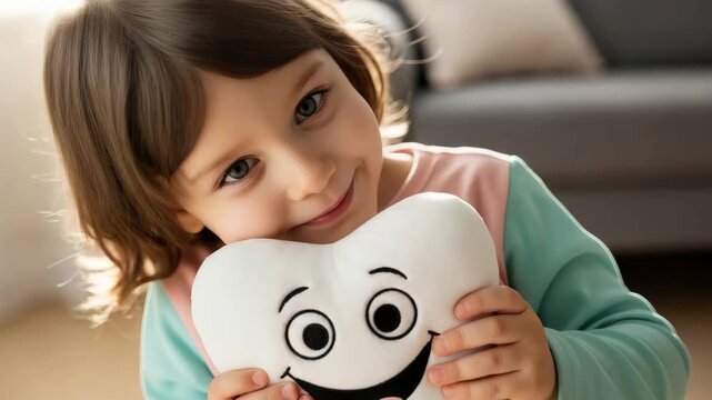 Smiling young child with joyful gentle mood hugging tooth plush toy against bright home interior